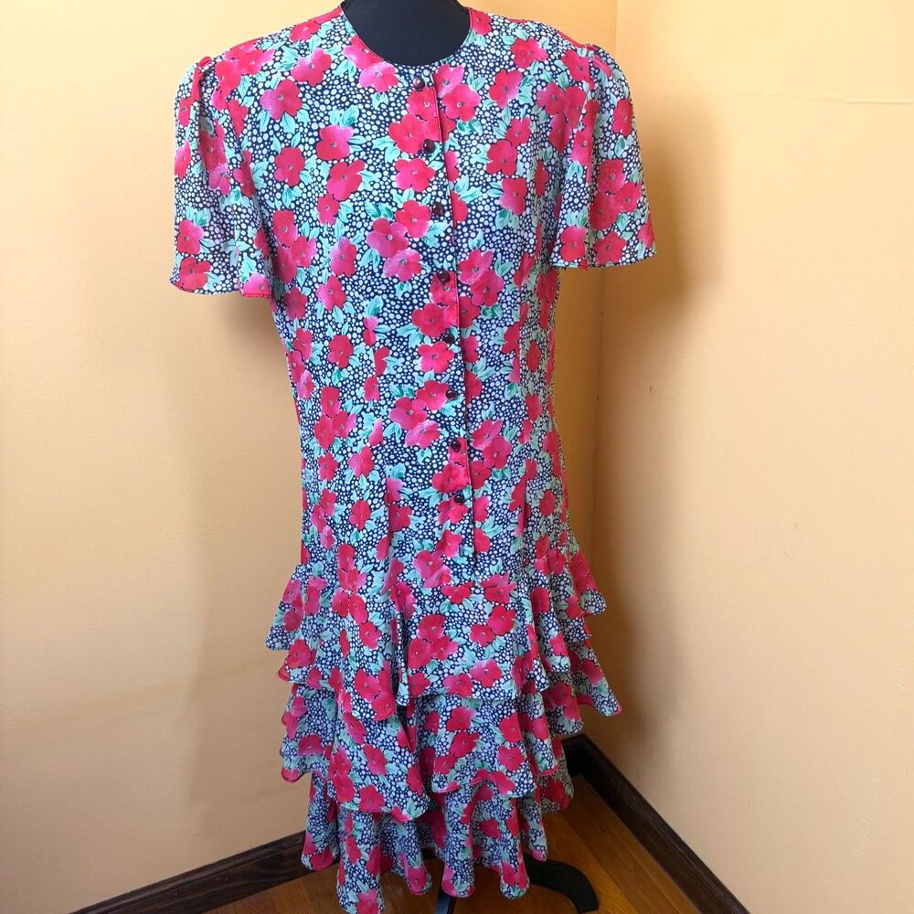 VTG 80s Starlo Floral Ruffle Tiered Drop Waist Dress Size 9/10 Maximalist Retro